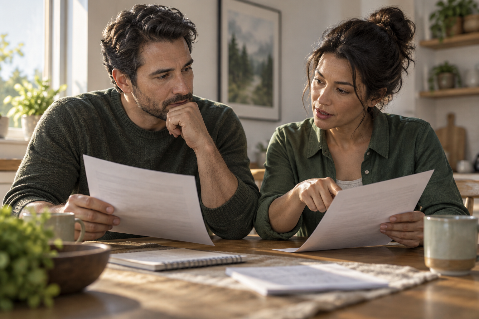 Two adult caregivers compare their household readiness notes at a dining table.