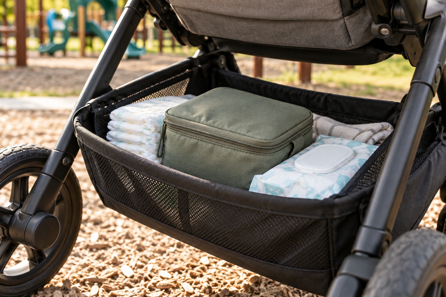 Illustrative closed storage pouch placed with diapers and wipes in a parked stroller basket.