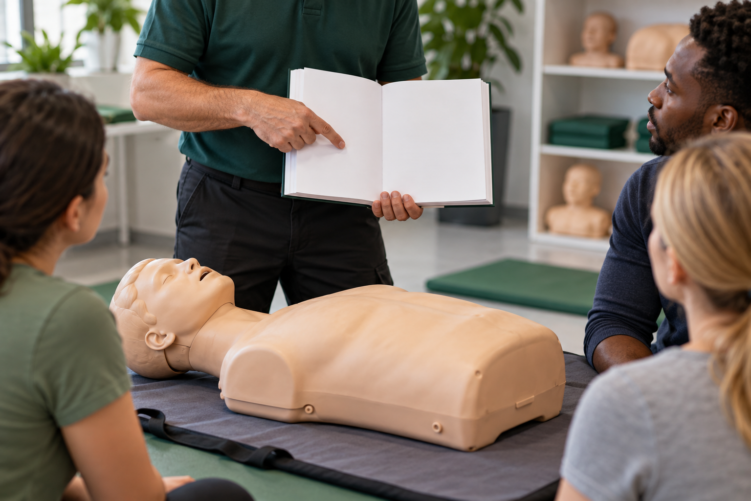Illustrative adults discussing a blank training guide beside an unused adult first-aid manikin.