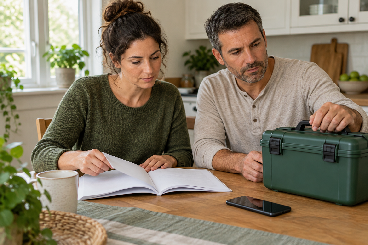 Illustrative adults reviewing a blank guide at a kitchen table beside a closed green supply case and phone.