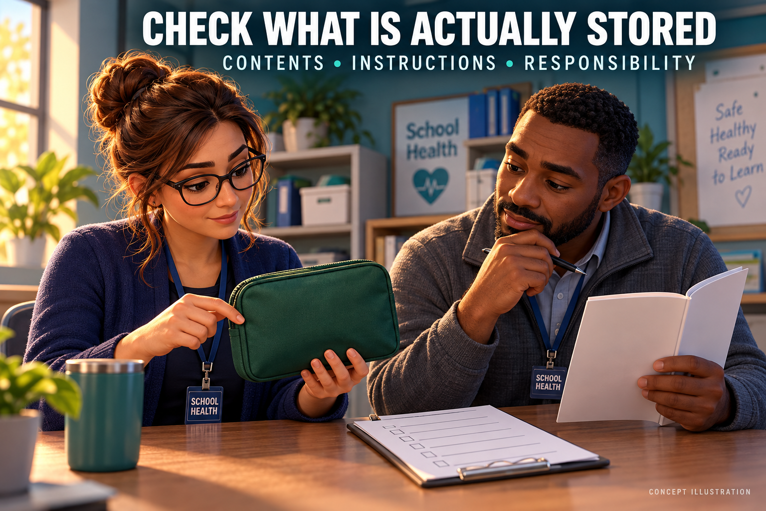 3D illustration of fictional school health staff comparing a closed pouch, generic instructions and an inventory checklist