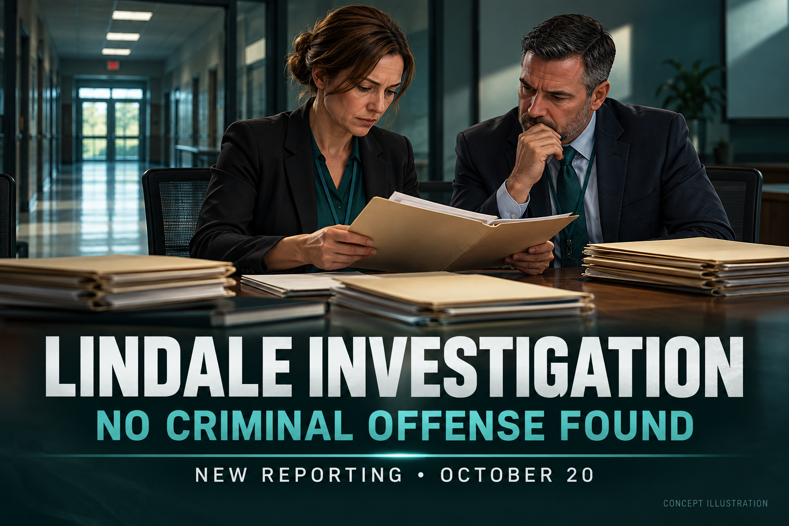 Cinematic 3D Lindale investigation news cover with fictional adults reviewing documents and the finding no criminal offense