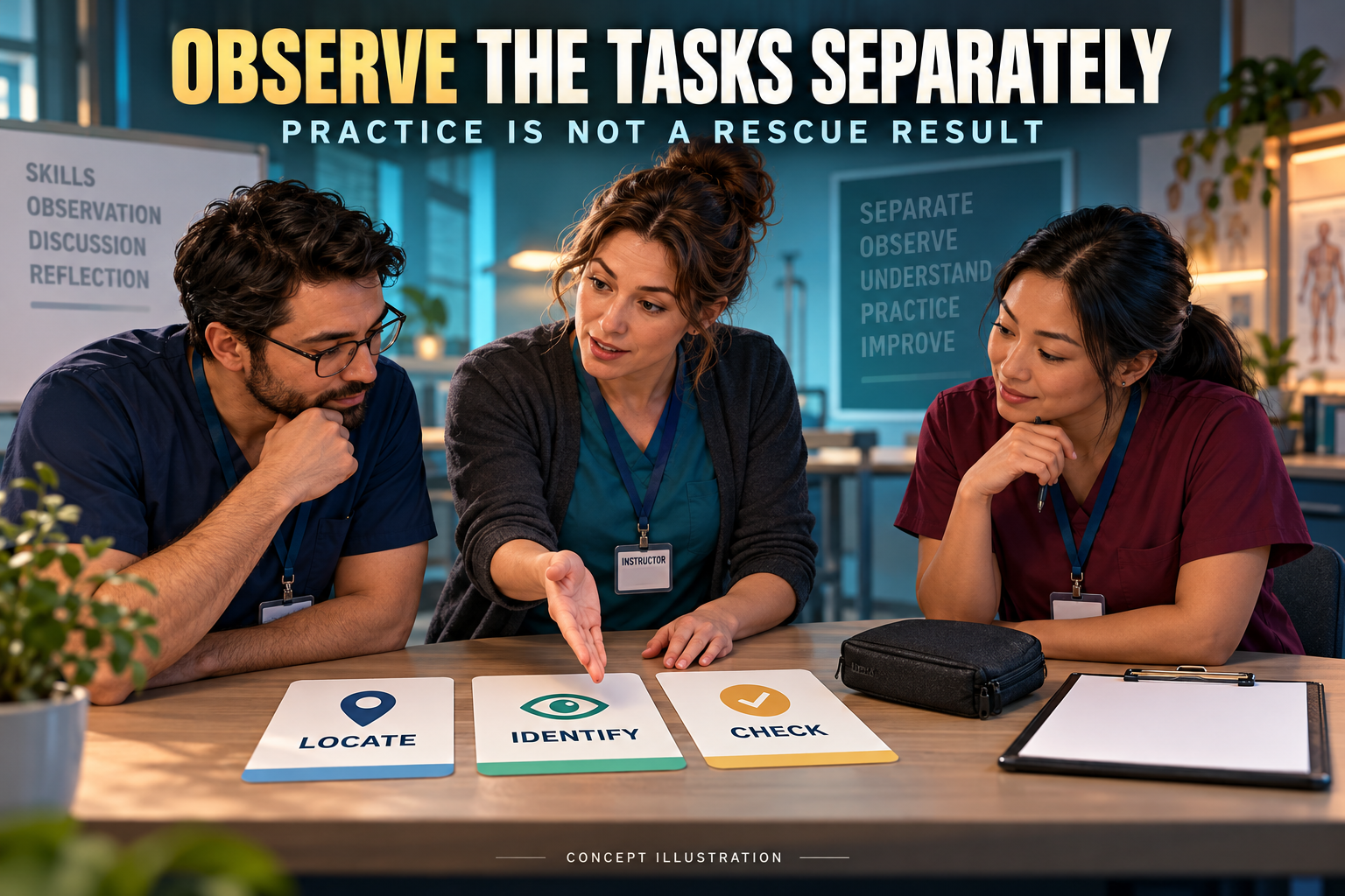 3D illustration of a fictional instructor and staff separating locate, identify and check tasks during a practice review
