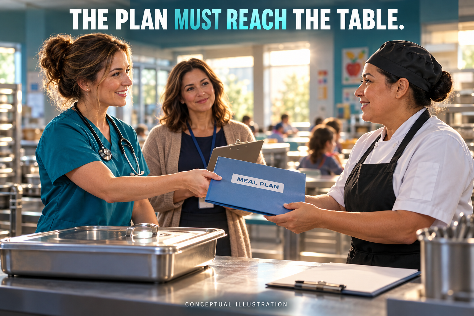 Fictional school nurse handing a meal-plan folder to a cafeteria manager while a teacher observes in a cinematic 3D scene