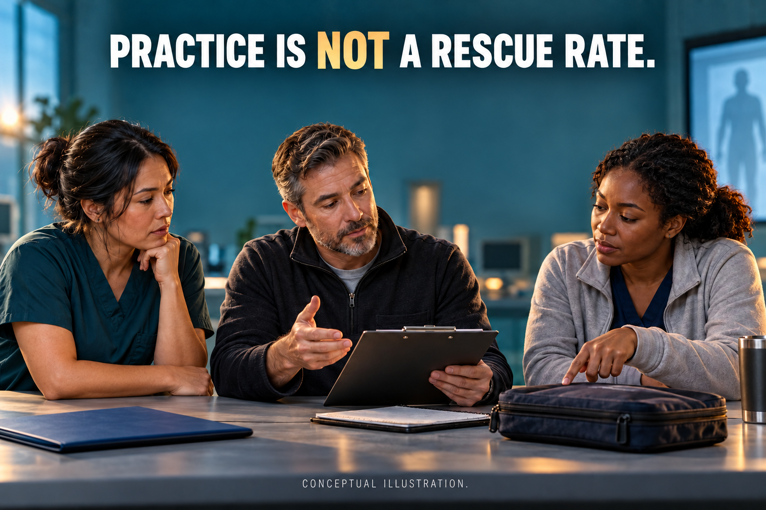 Fictional instructor and two adult staff reviewing a clipboard and closed training pouch beneath the words practice is not a rescue rate