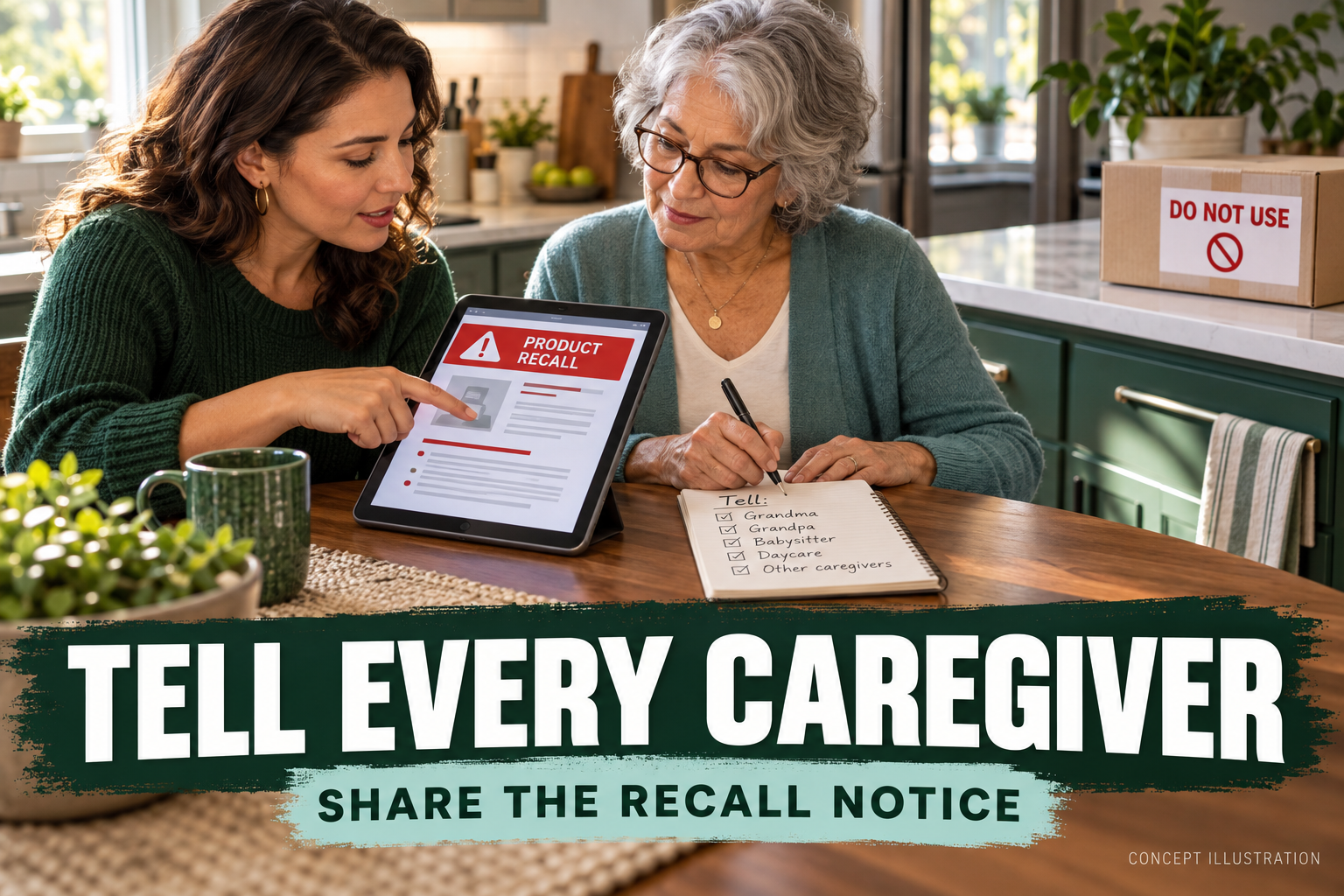Cinematic 3D scene of a fictional parent and grandparent sharing a recall notice while a do not use box remains set aside