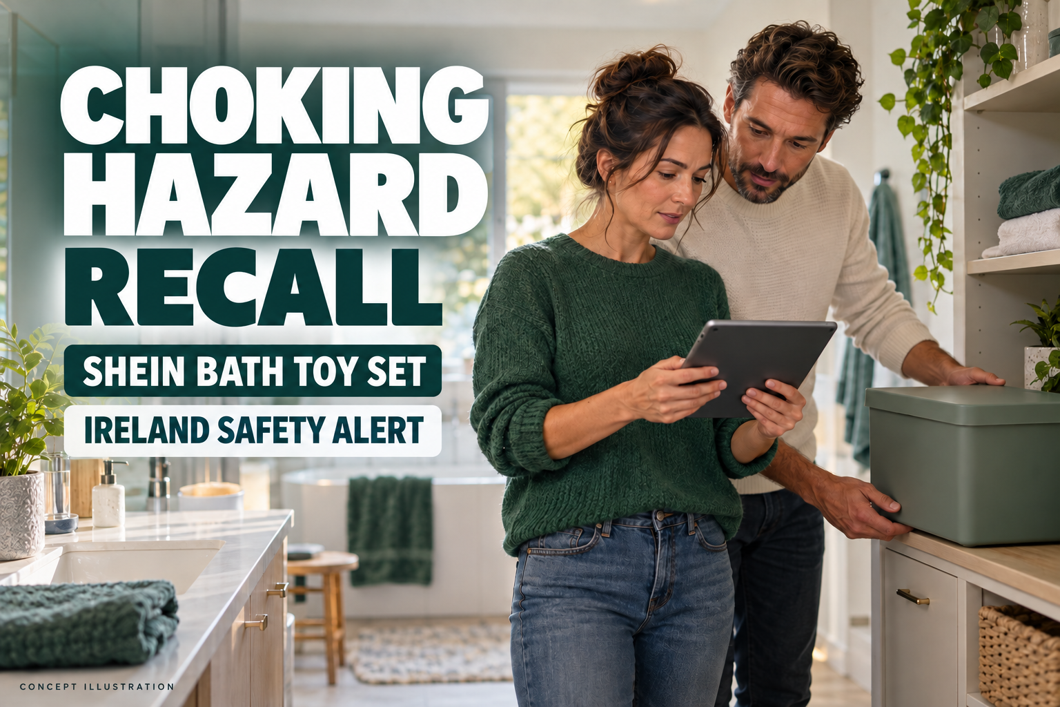 Cinematic 3D choking hazard recall cover showing fictional adults checking a notice beside a closed box in a bathroom