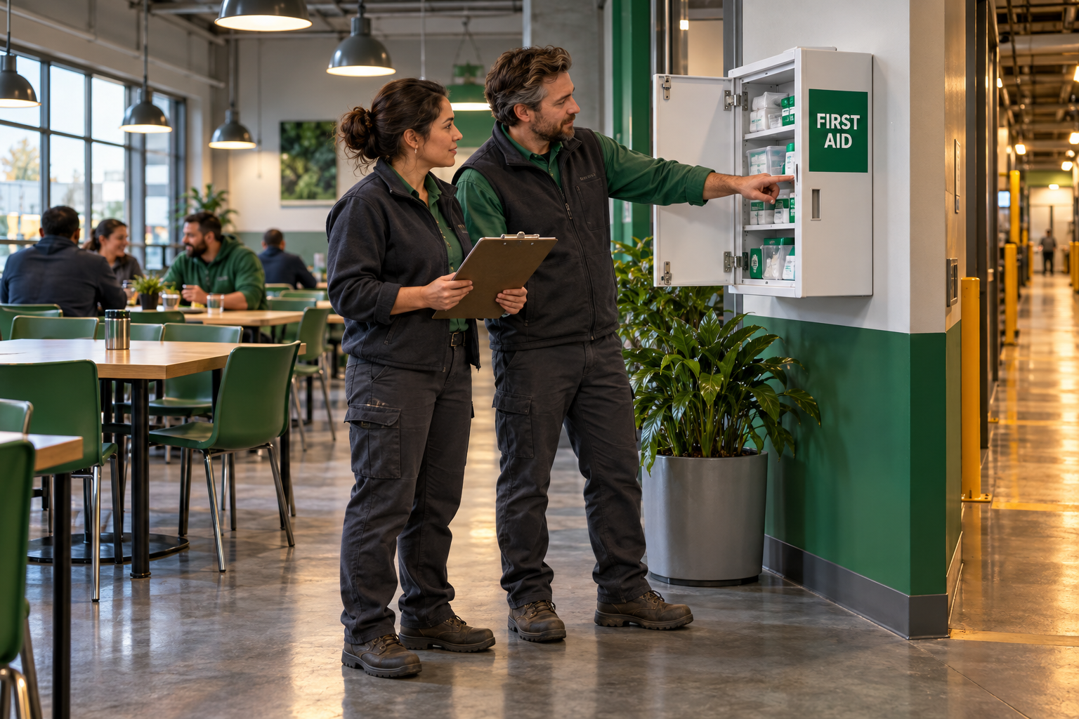 Cinematic 3D illustration of two fictional shift supervisors checking access to a first aid cabinet near a workplace dining area