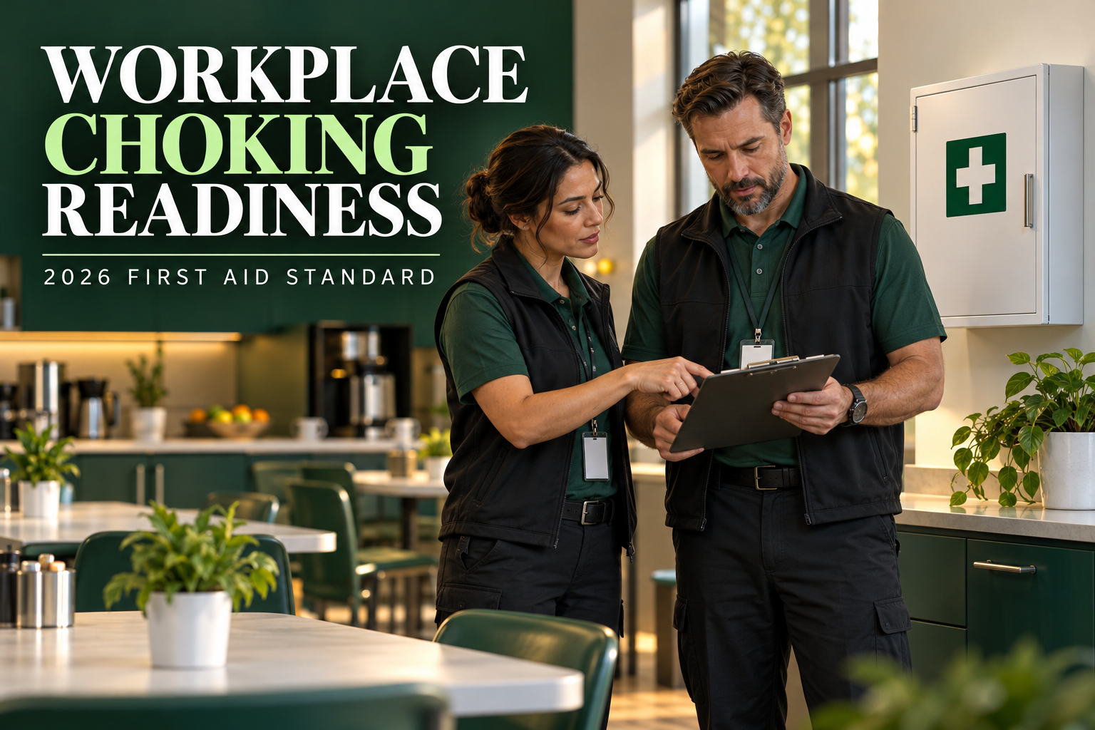Cinematic 3D workplace choking readiness cover showing fictional safety staff reviewing a first aid station in a break room