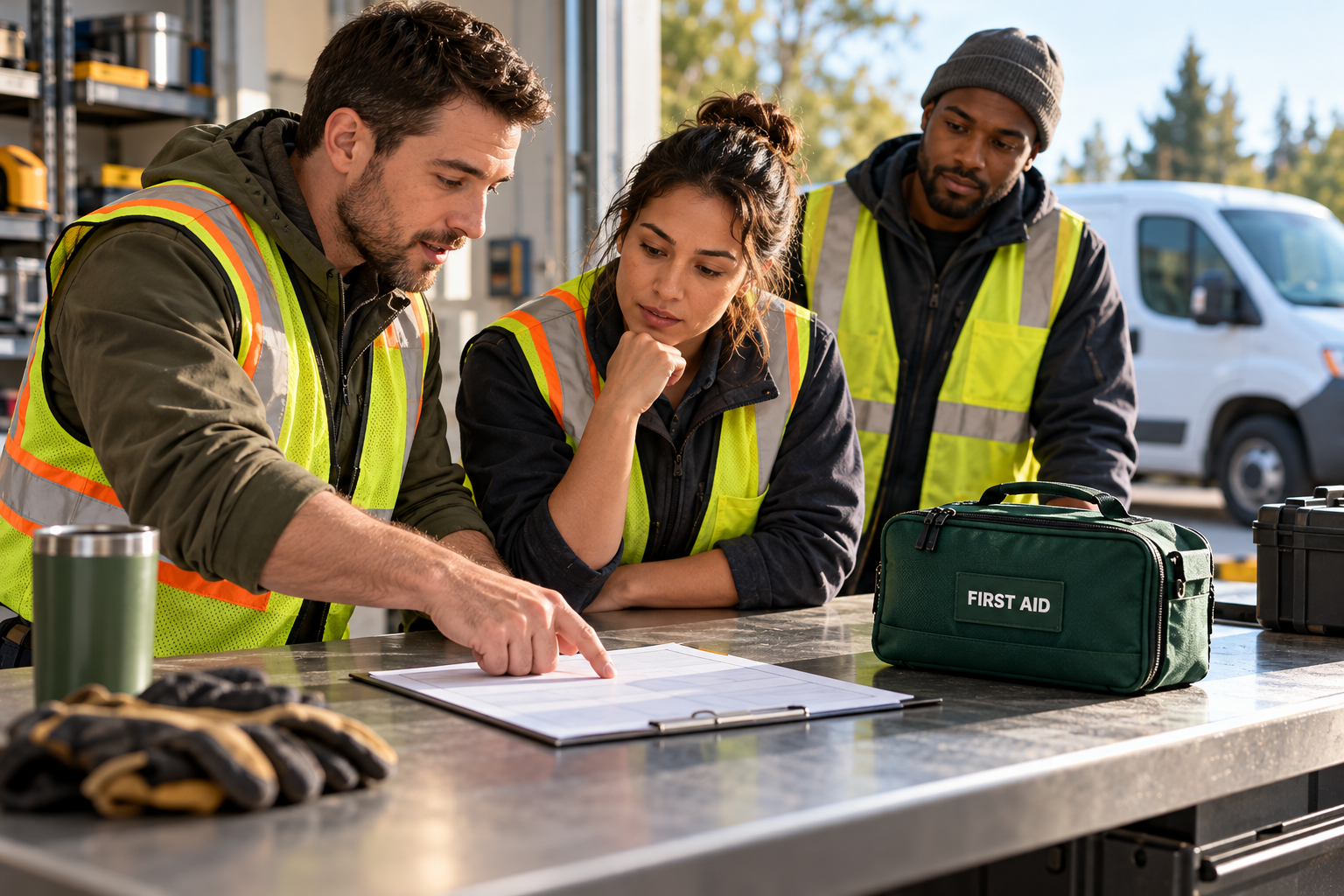 Cinematic 3D illustration of fictional mobile workers discussing their first aid plan beside a closed portable supply bag before leaving a depot