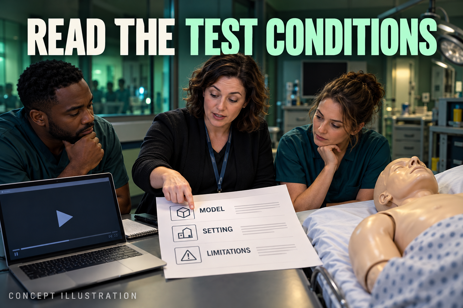 3D illustration of fictional training reviewers checking model, setting and limitations beside an unused manikin