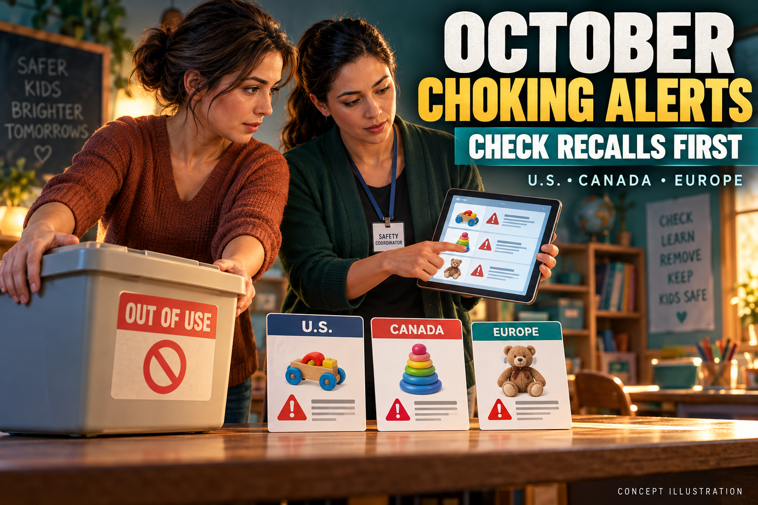 Cinematic 3D October choking-alerts cover with fictional adults checking separate regional recall notices and an out-of-use toy box