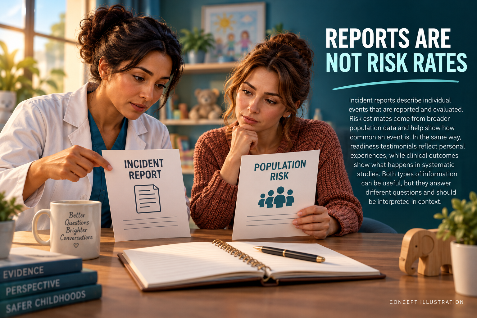 3D illustration of a fictional adviser and parent distinguishing incident reports from population risk estimates