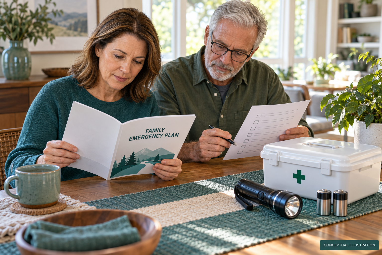 Two fictional adults reviewing a family emergency checklist and instructions beside a closed first-aid storage box