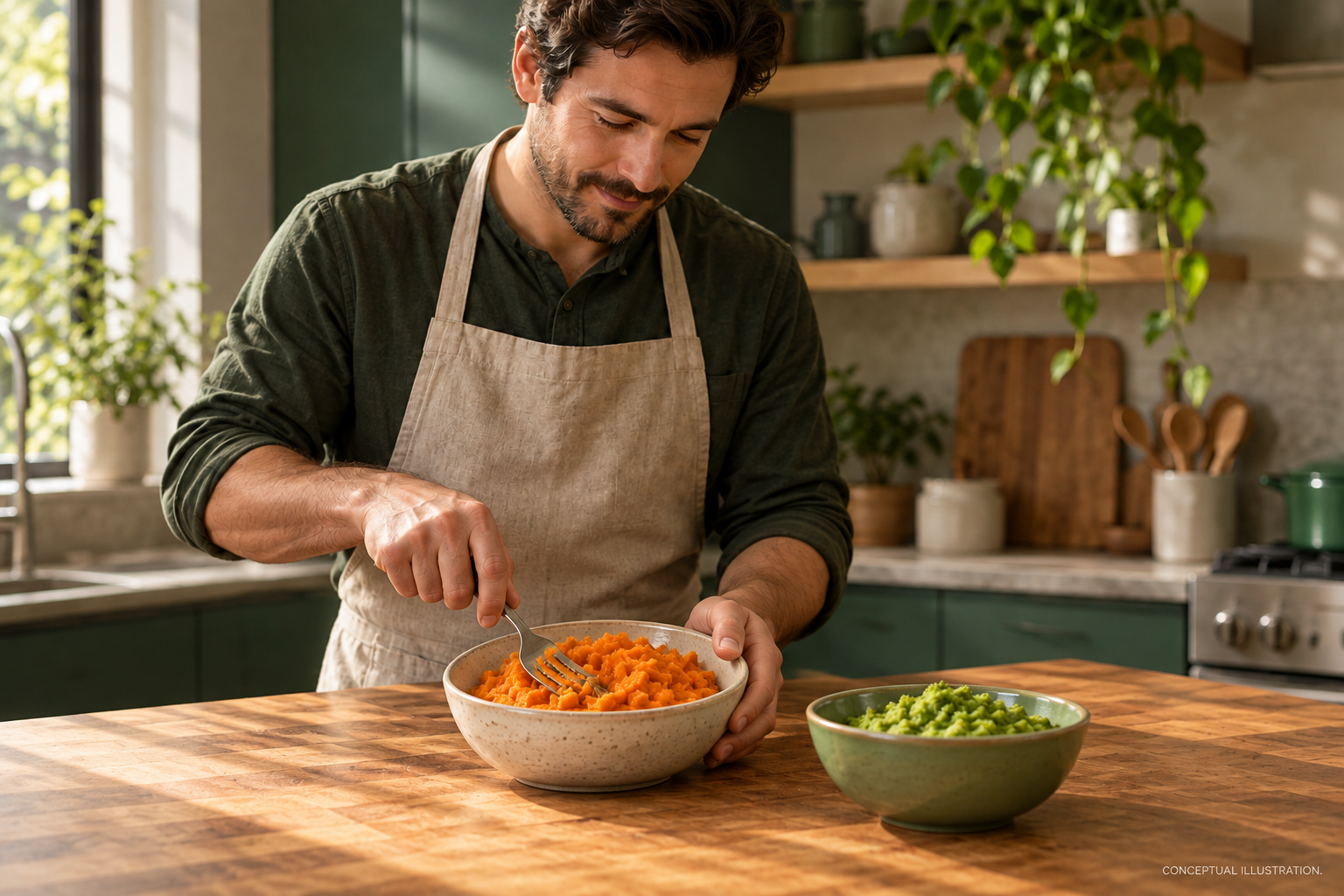 Fictional adult caregiver preparing cooked vegetables and mashed food in a home kitchen