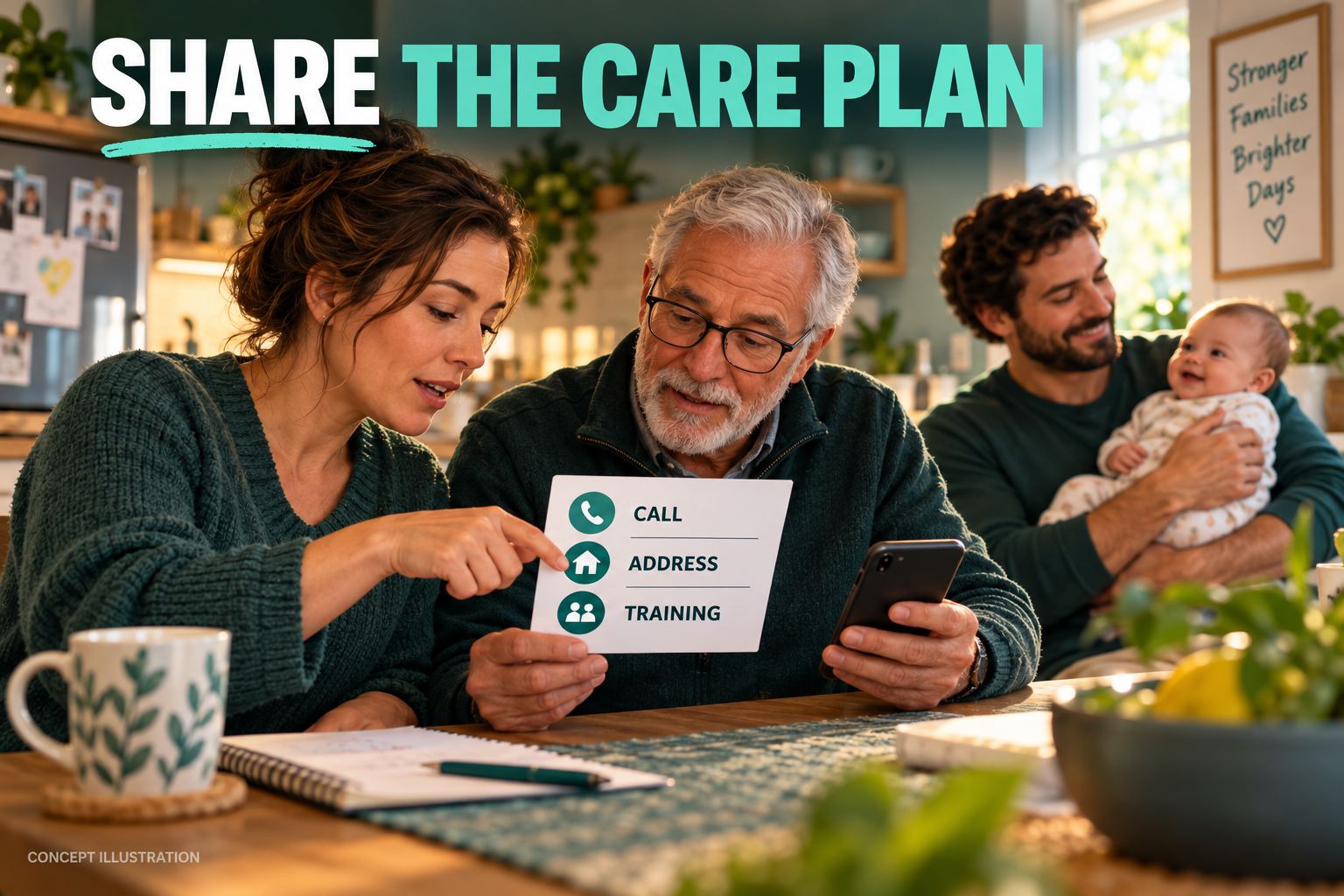 3D illustration of fictional parent and grandparent sharing call, address and training reminders while another adult holds a baby