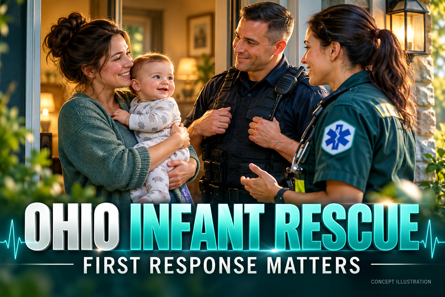 Cinematic 3D Ohio infant-rescue news cover with a fictional parent, healthy baby, officer and medic