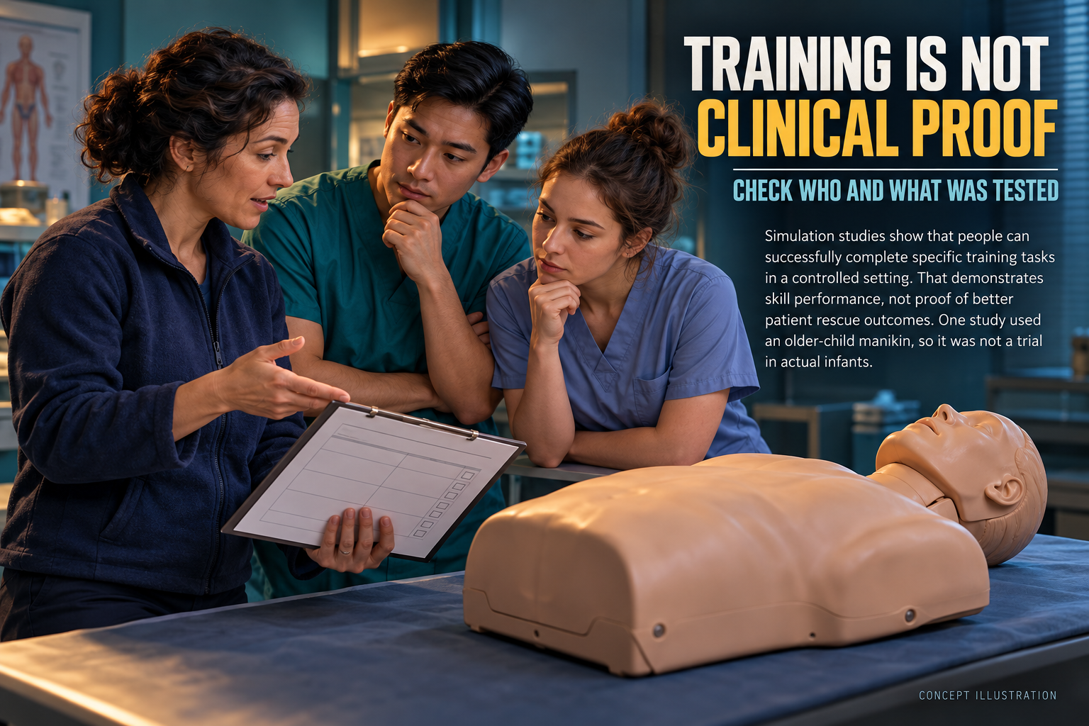 3D illustration of fictional clinicians discussing what a simulation can establish beside an unused training manikin