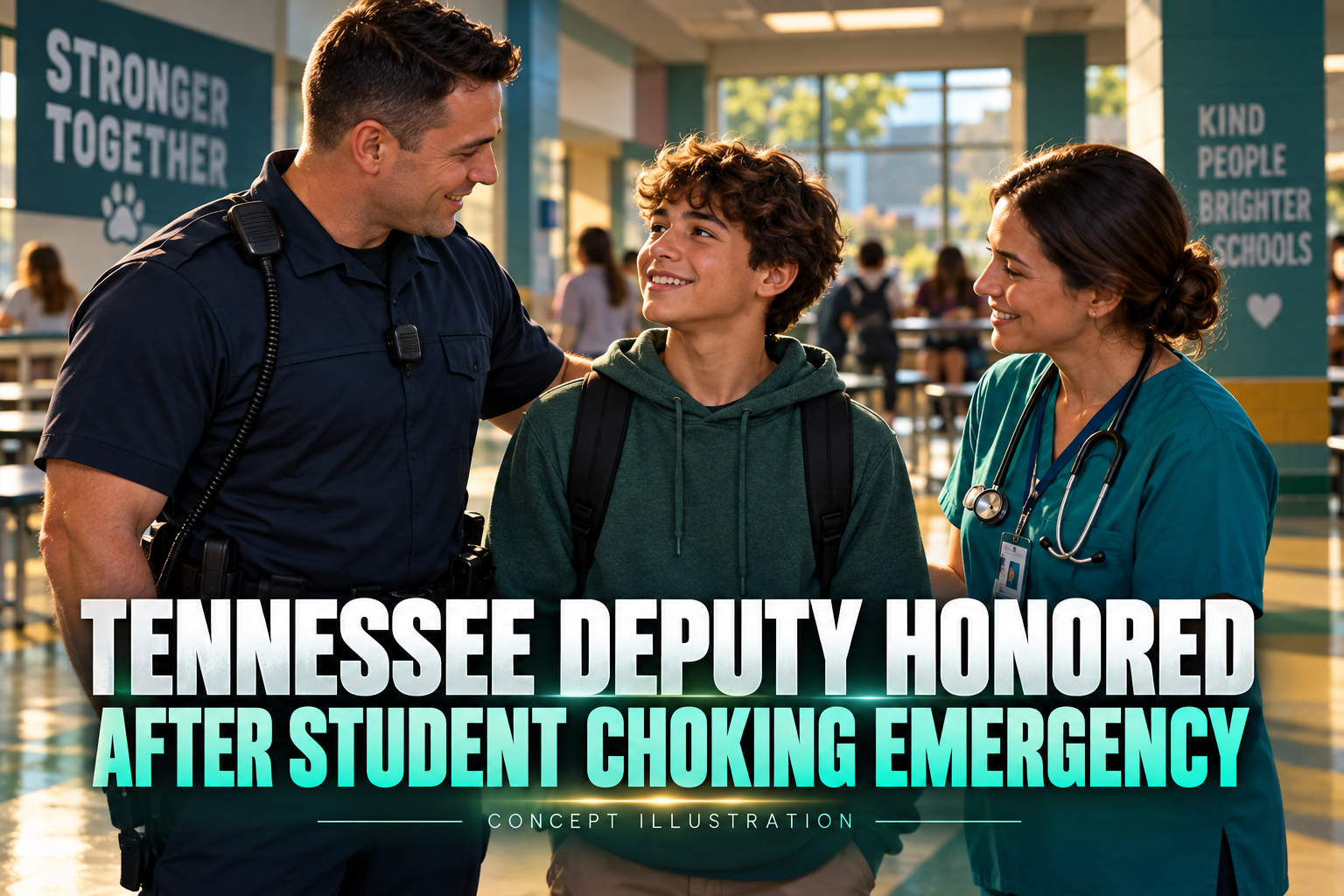 Cinematic 3D Tennessee news cover with a fictional school officer, student and nurse and a deputy-honored headline