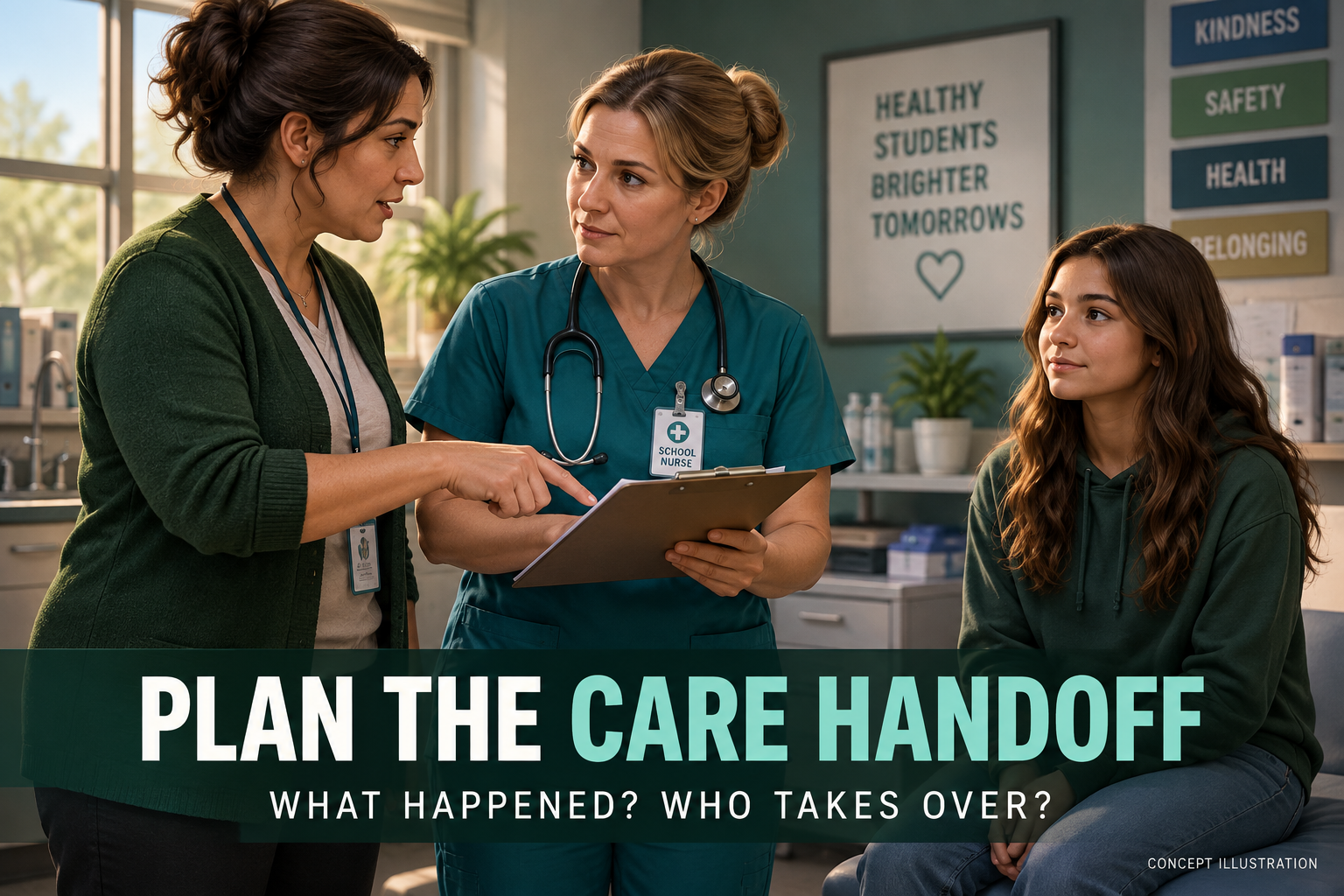 3D illustration of fictional school staff briefing a nurse while a calm student listens