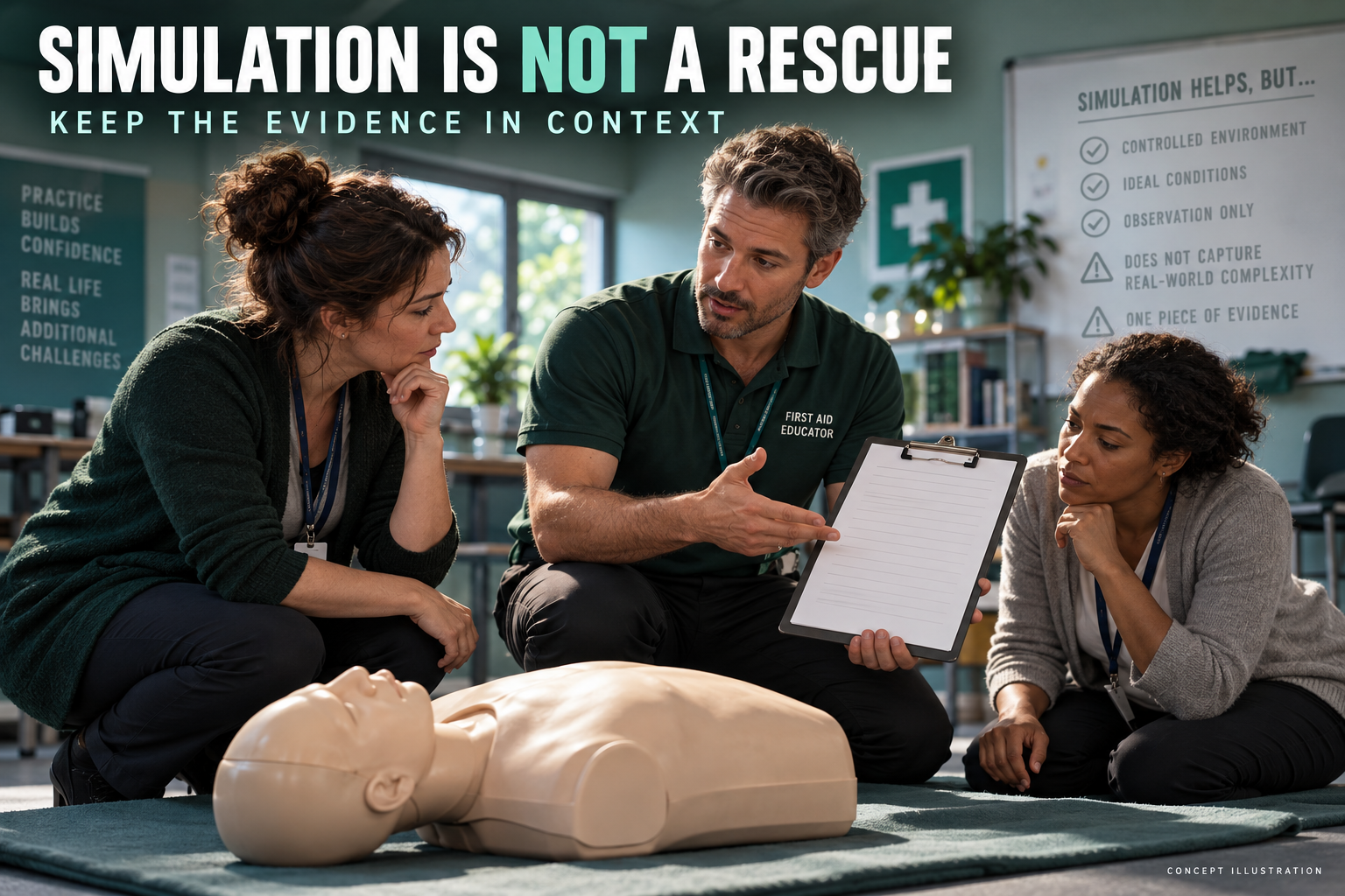 3D illustration of a first-aid educator and school staff reviewing a simulation beside an unused training manikin