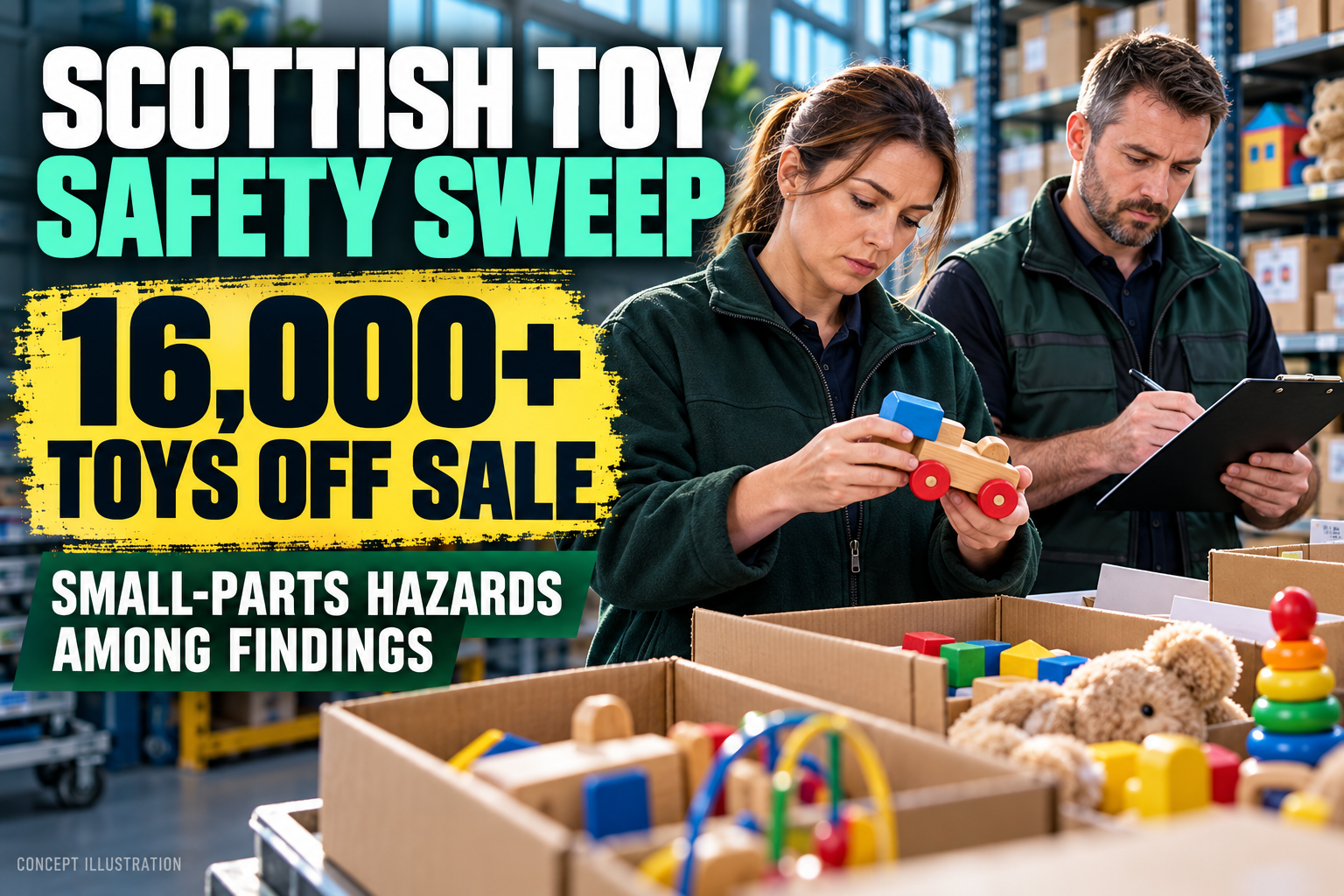 Cinematic 3D Scottish toy-safety news cover with fictional inspectors examining generic toys and the headline 16,000 plus toys off sale