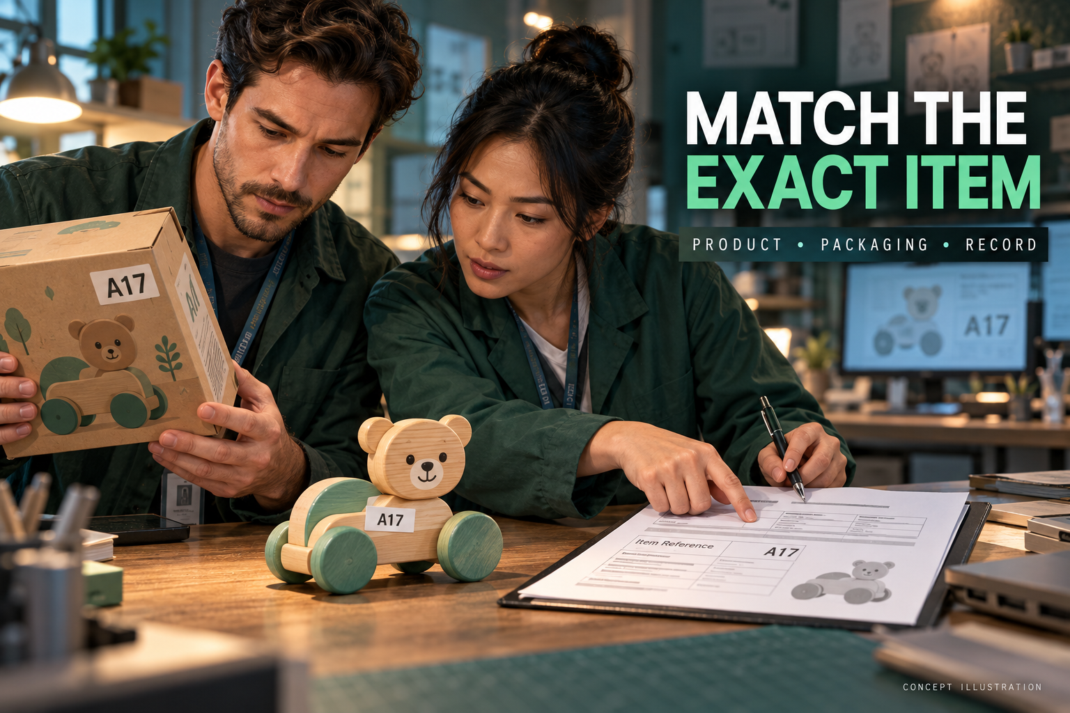 3D illustration of fictional reviewers matching a toy, its packaging and a product record with a fictional reference code