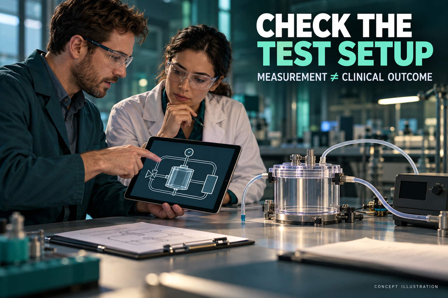 3D illustration of fictional technical reviewers examining a generic laboratory test setup rather than a clinical outcome