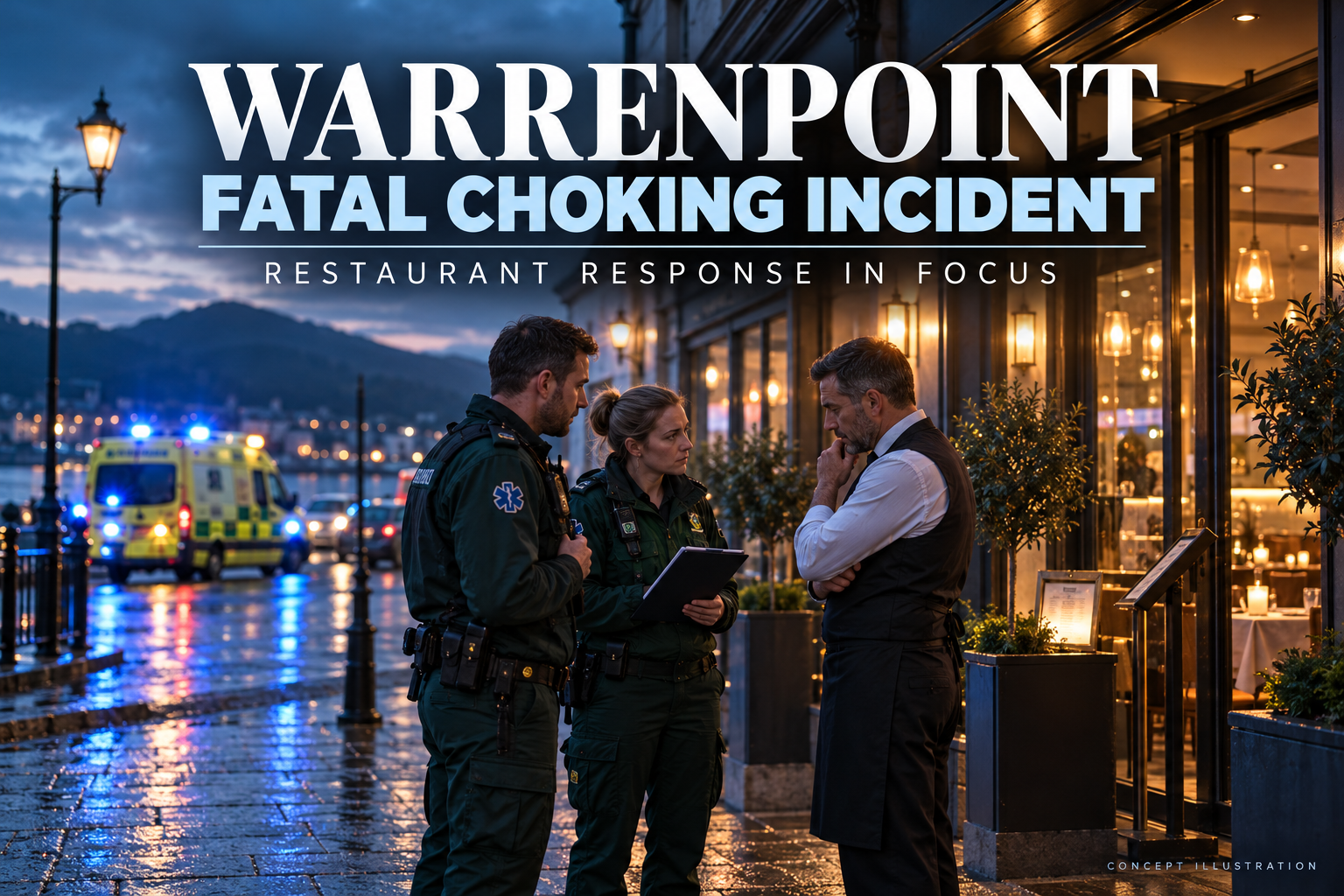 3D Warrenpoint fatal choking-incident news cover with fictional paramedics and a restaurant manager outside a generic venue