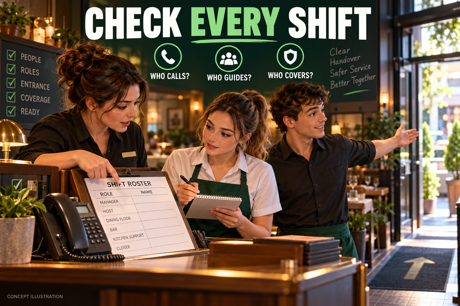 3D illustration of fictional restaurant staff reviewing shift roles beside a telephone and clear entrance