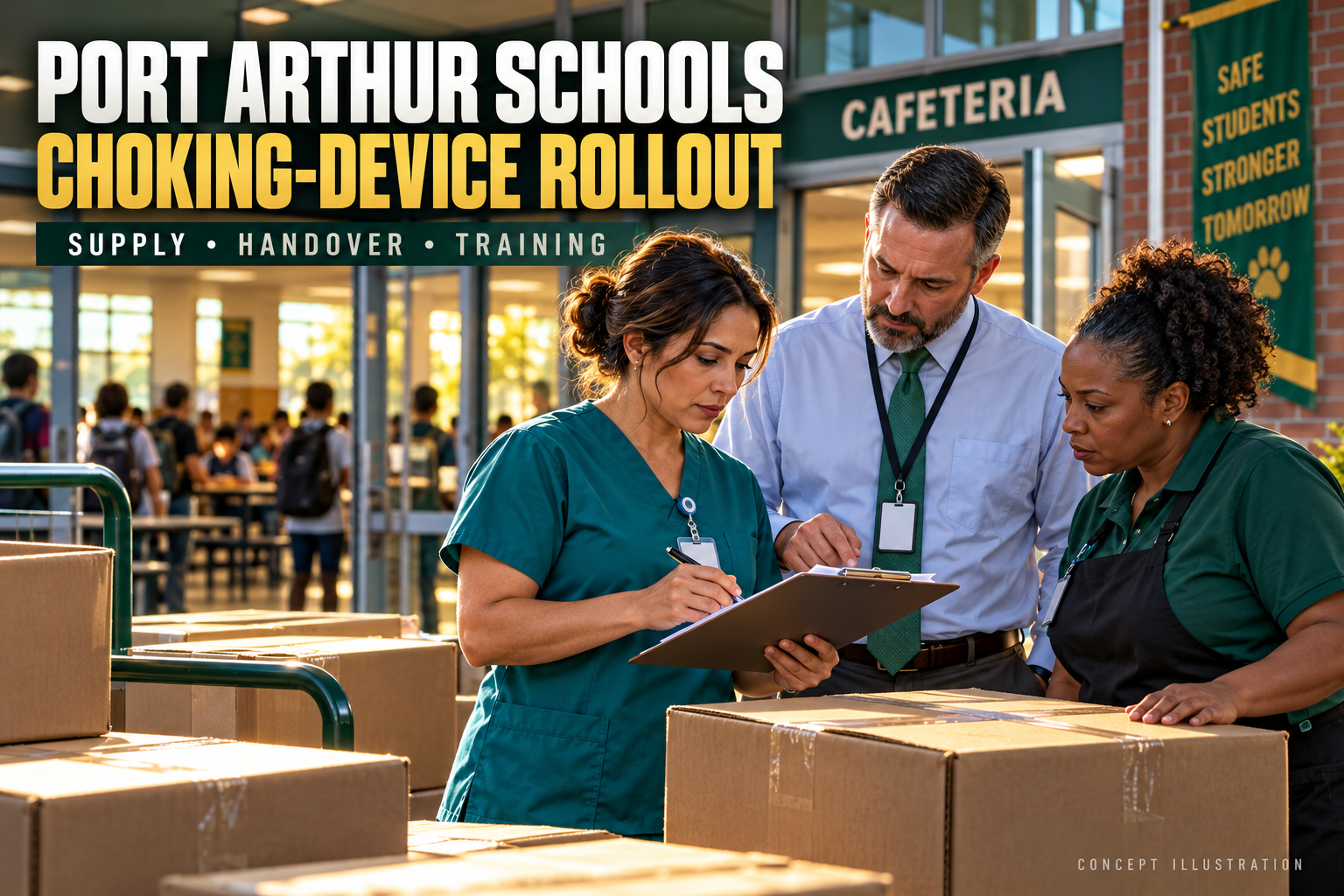 3D Port Arthur schools choking-device rollout cover with fictional school staff checking sealed supplies beside a cafeteria