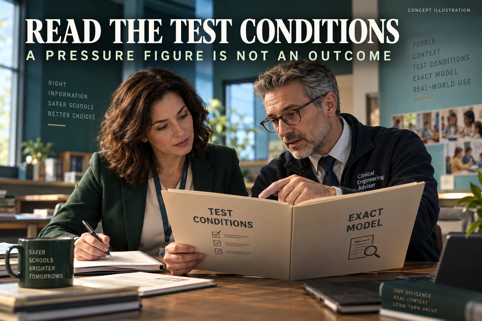 3D illustration of a fictional procurement officer and engineering adviser reviewing test conditions and exact-model documentation