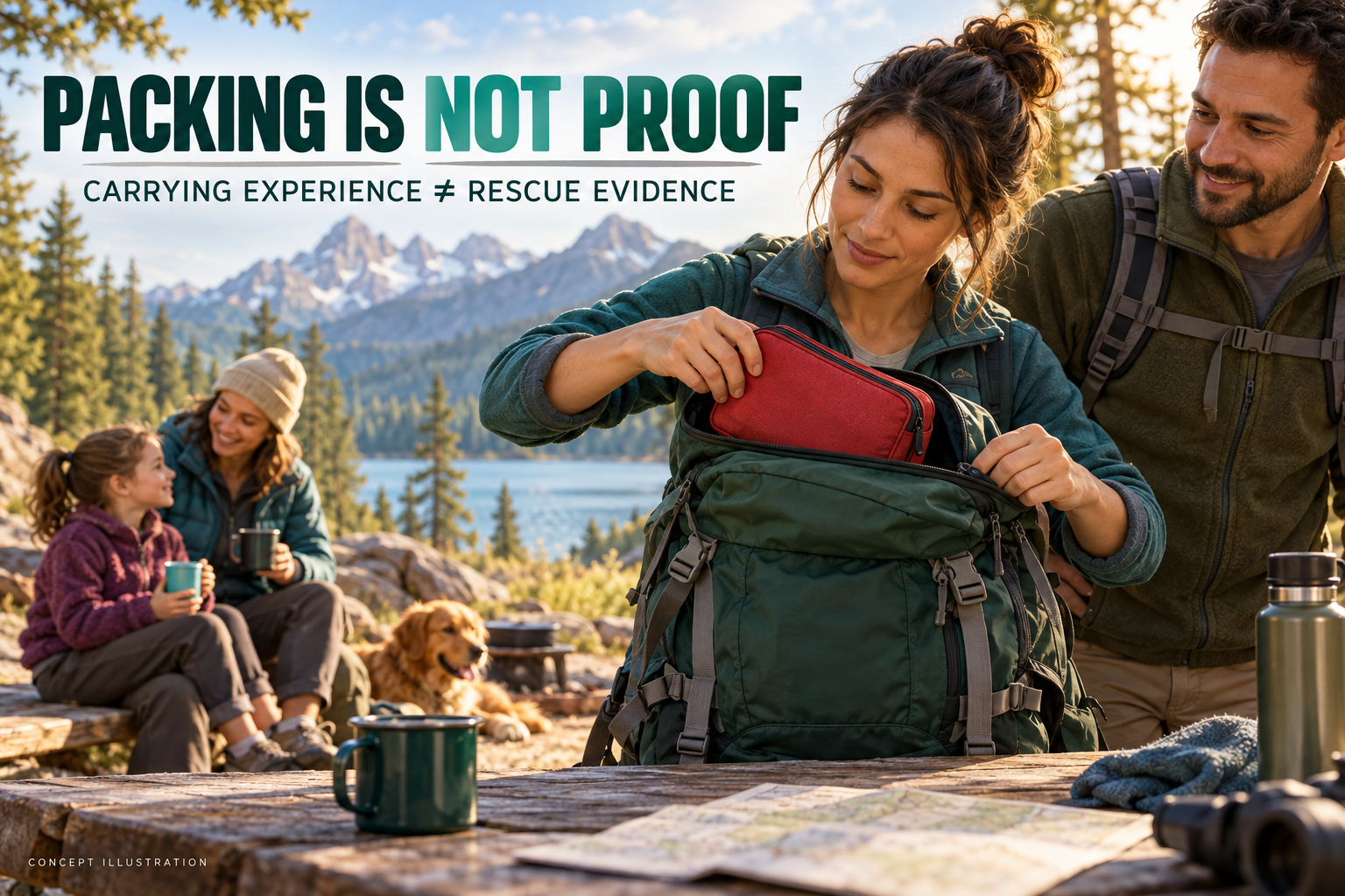 3D illustration of fictional campers packing a generic closed pouch into a backpack, separating carrying experience from rescue evidence