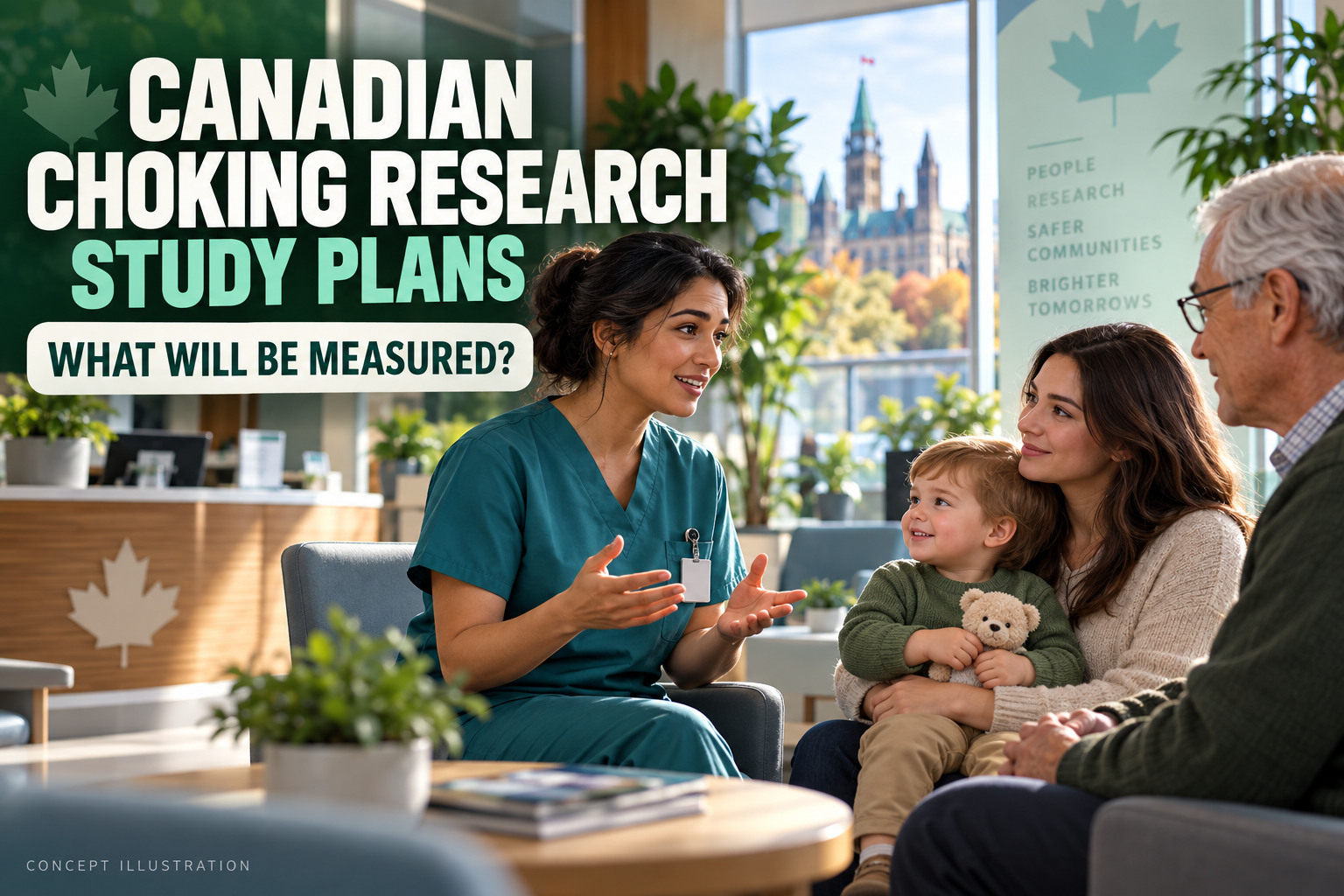 3D Canadian choking research study-plans cover with a fictional clinician speaking to family members of different ages