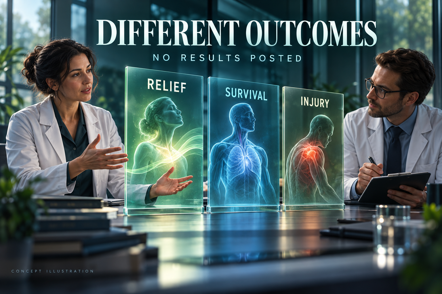 3D illustration of two fictional researchers discussing separate relief, survival and injury outcome panels with no results posted