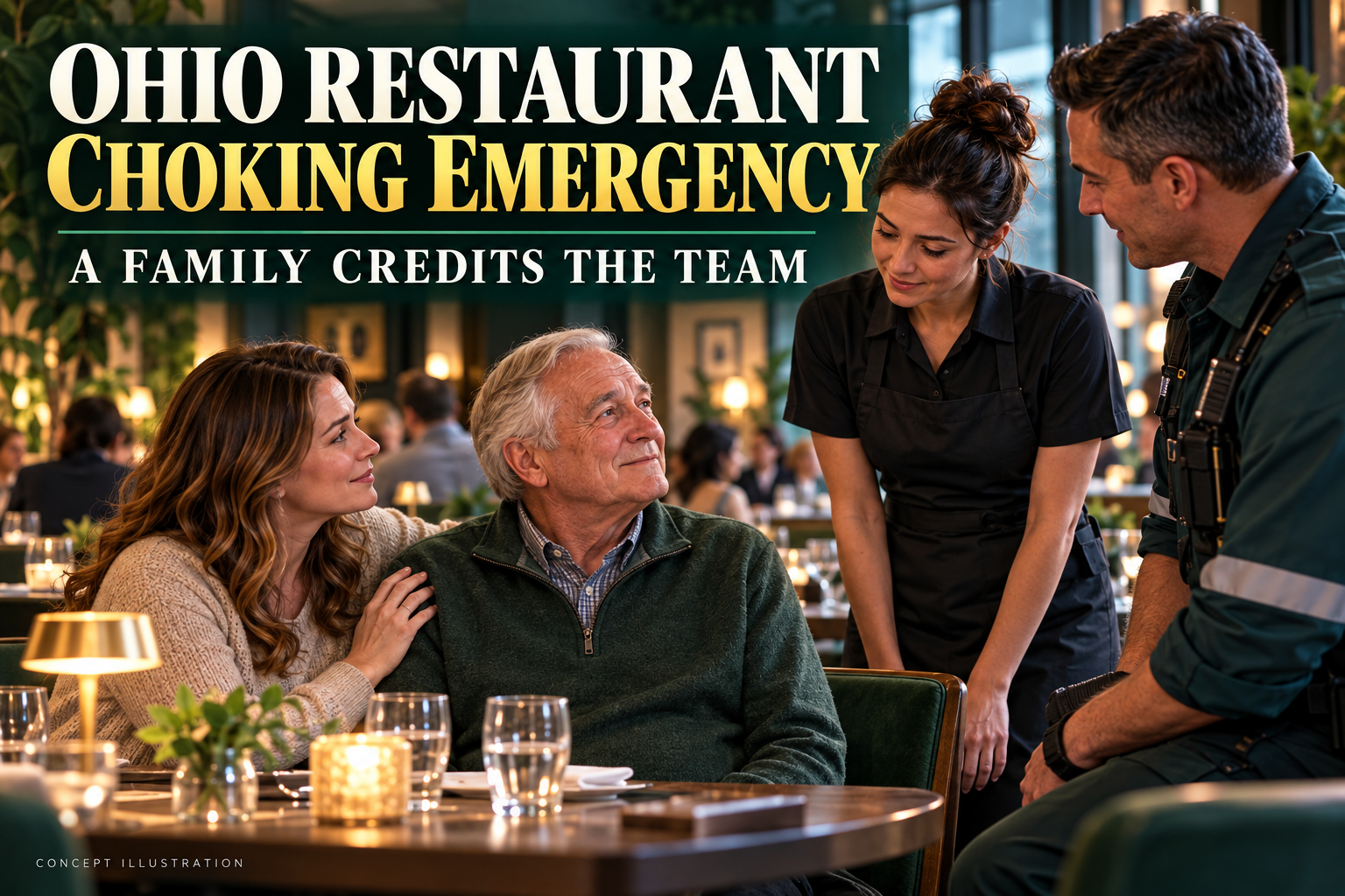 3D Ohio restaurant choking-emergency news cover showing a fictional older guest, relative, server and emergency responder in a calm aftermath scene