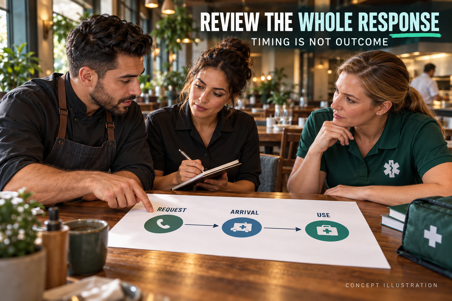 3D illustration of fictional restaurant staff and a first-aid trainer reviewing request, arrival and use stages without numerical results