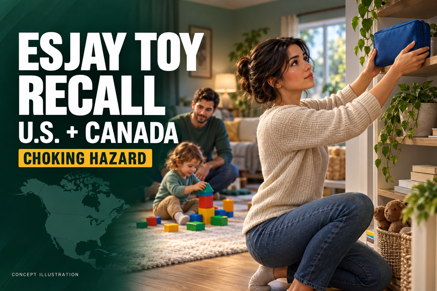 3D Esjay toy recall cover with U.S. and Canada headline and a fictional parent moving a closed toy pouch away from a supervised child