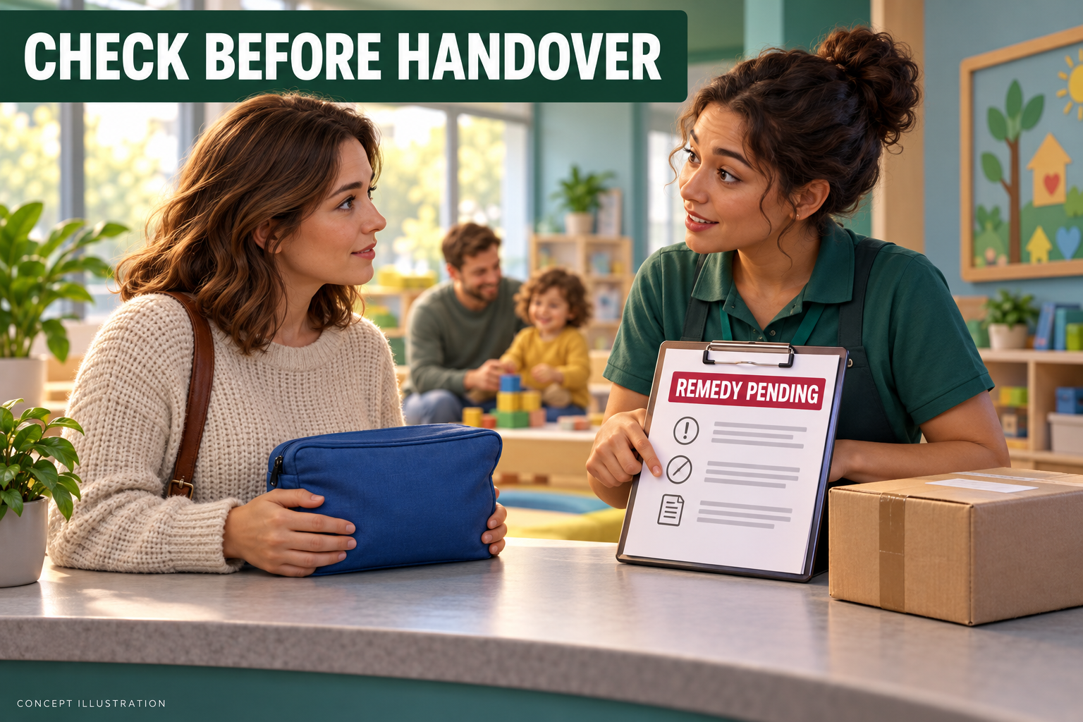 3D illustration of a fictional parent and childcare worker checking a remedy-pending record before handing over a toy pouch