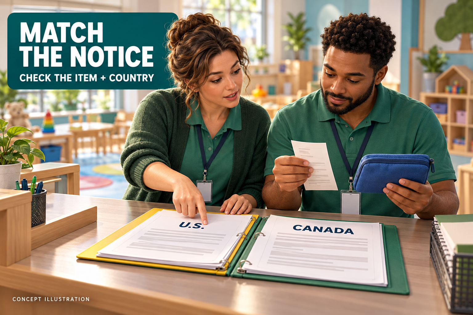 3D illustration of two fictional childcare staff matching a closed toy pouch and receipt with separate U.S. and Canada recall records