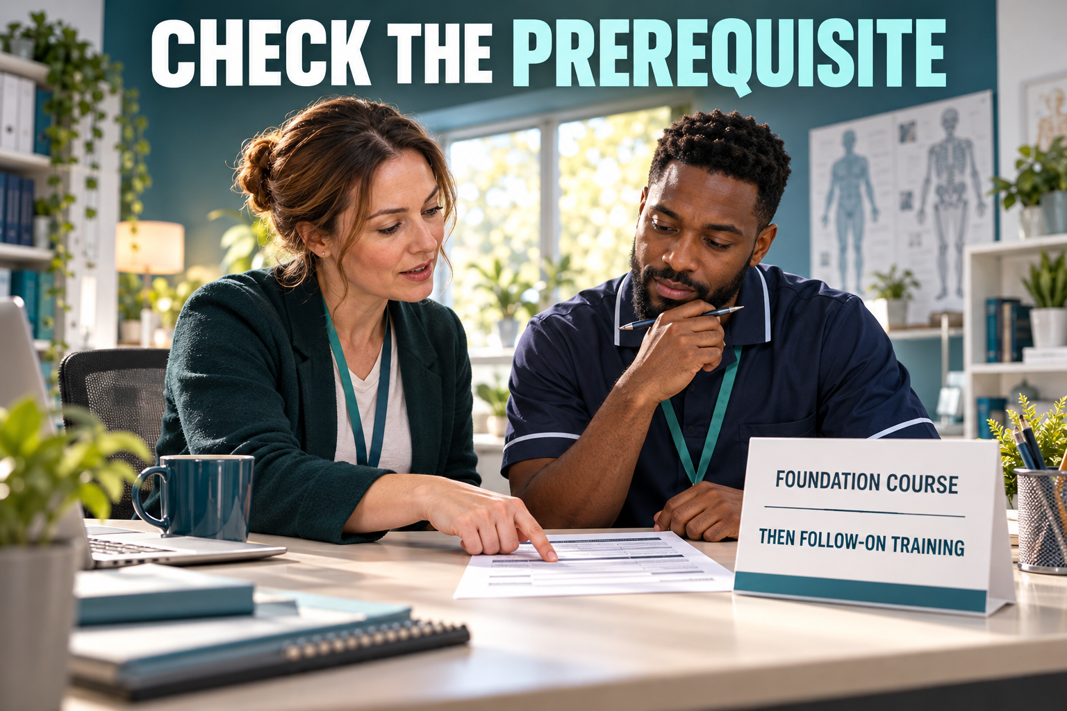 Conceptual 3D illustration of a care supervisor and staff member reviewing a prerequisite checklist before selecting a training course