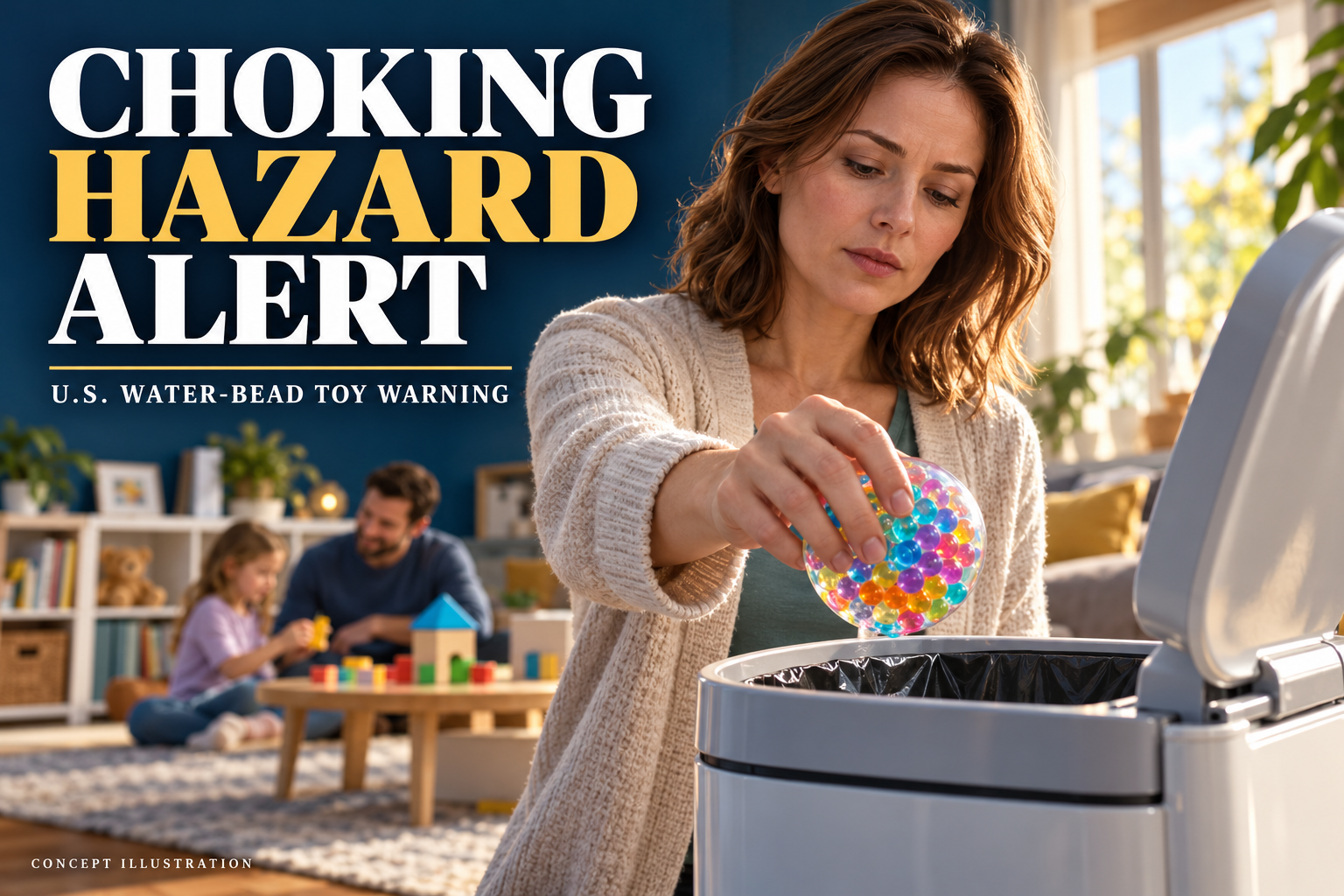 Conceptual adult removing a generic water-bead toy from use beside a Choking Hazard Alert headline