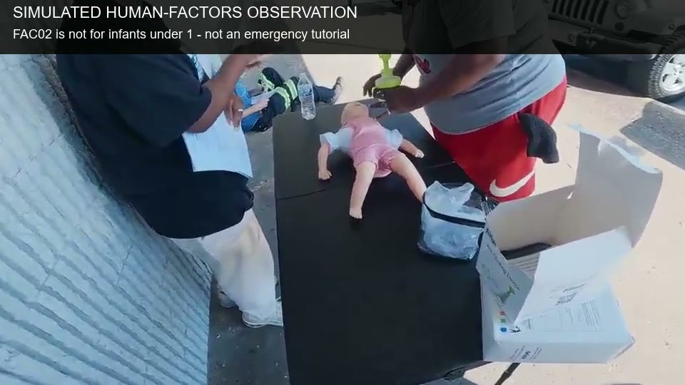 FAC02 observation with a small training manikin; visible caption states the device is not for infants under one