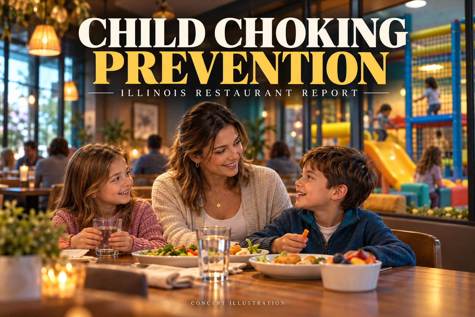 Fictional restaurant caregiver and school-age children beside a Child Choking Prevention headline