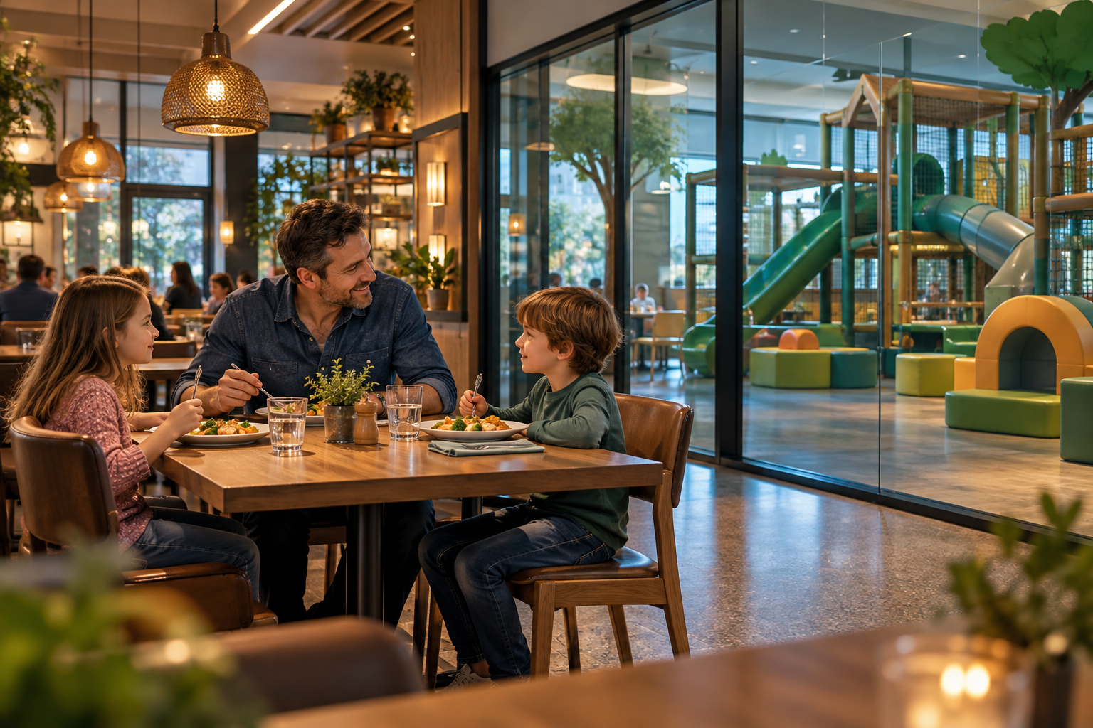 Fictional adult supervising two seated children at a restaurant table with a separate play area behind them