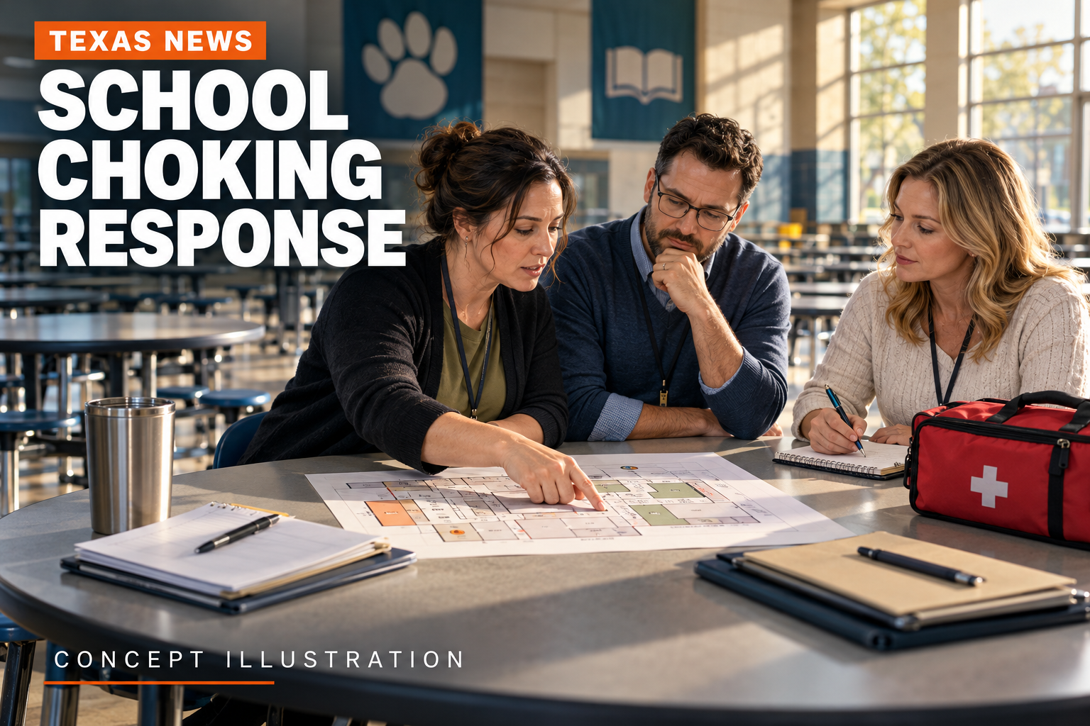 Fictional adult educators planning school choking response around a cafeteria table beneath a Texas News headline