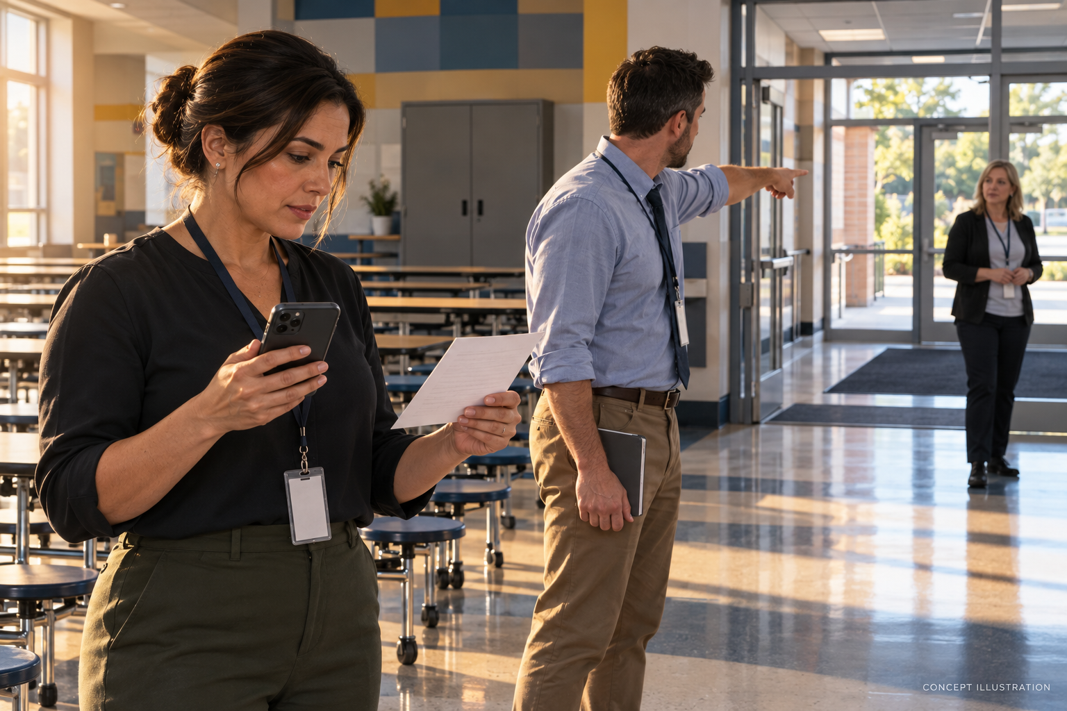 Fictional school staff practicing caller and entrance-guide roles in an empty cafeteria