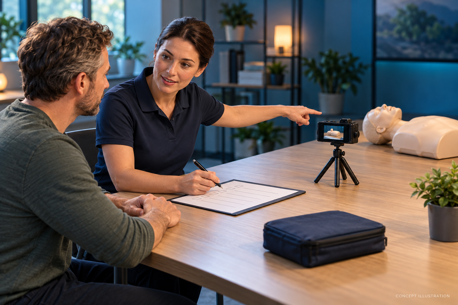 Fictional adult facilitator and participant discussing a recorded training setup beside an unused manikin