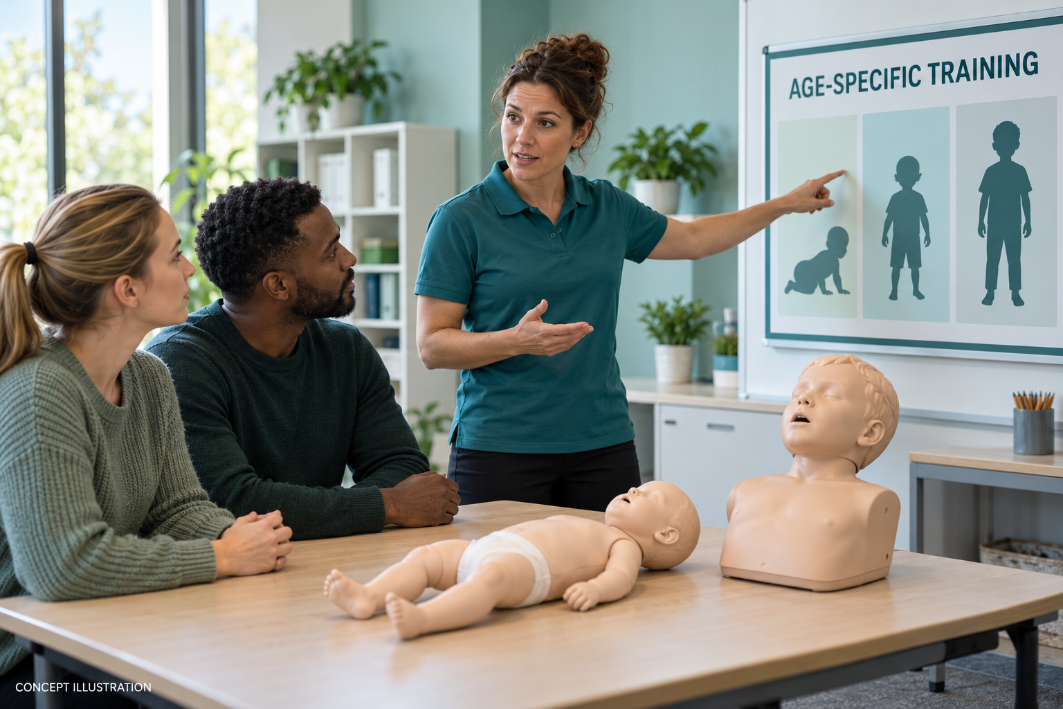Fictional first-aid instructor discusses age-specific training beside infant and child manikins