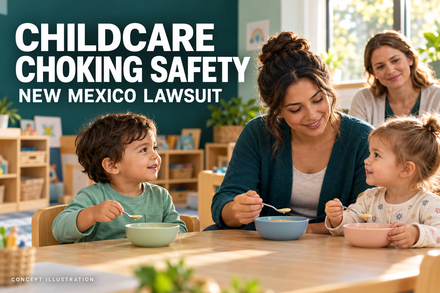 Fictional childcare educator and seated toddlers under a Childcare Choking Safety headline